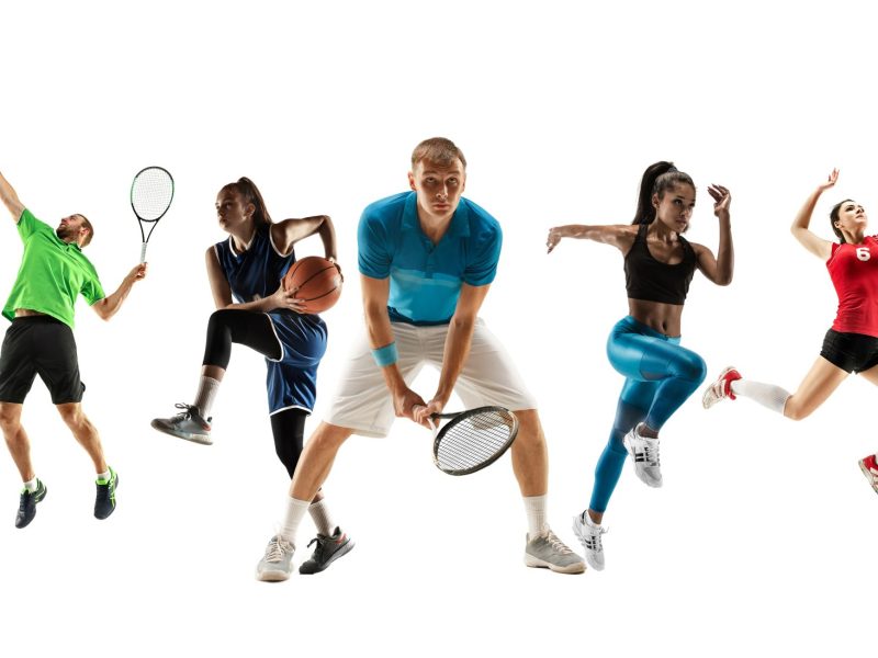 Collage of different professional sportsmen, fit men and women in action and motion isolated on white background. Made of 7 models. Concept of sport, achievements, competition, championship.